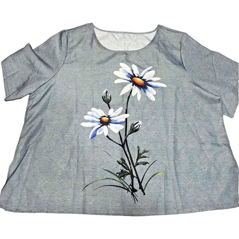 Womens Floral T Shirt 3X Gray Daisy Print Casual Plus Size Top - Picture 2 of 6